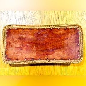 Wood Candle Tray with Wicker Weave Accent
